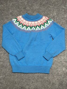 Hand Knit Blue Floral Yoke Fair Isle Knit Sweater
